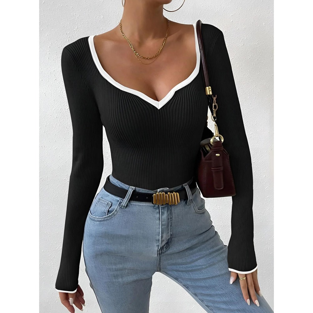 COMMENSE Black White Contrast Trim Ribbed Knit Sweetheart Neck Long Sleeve XL
